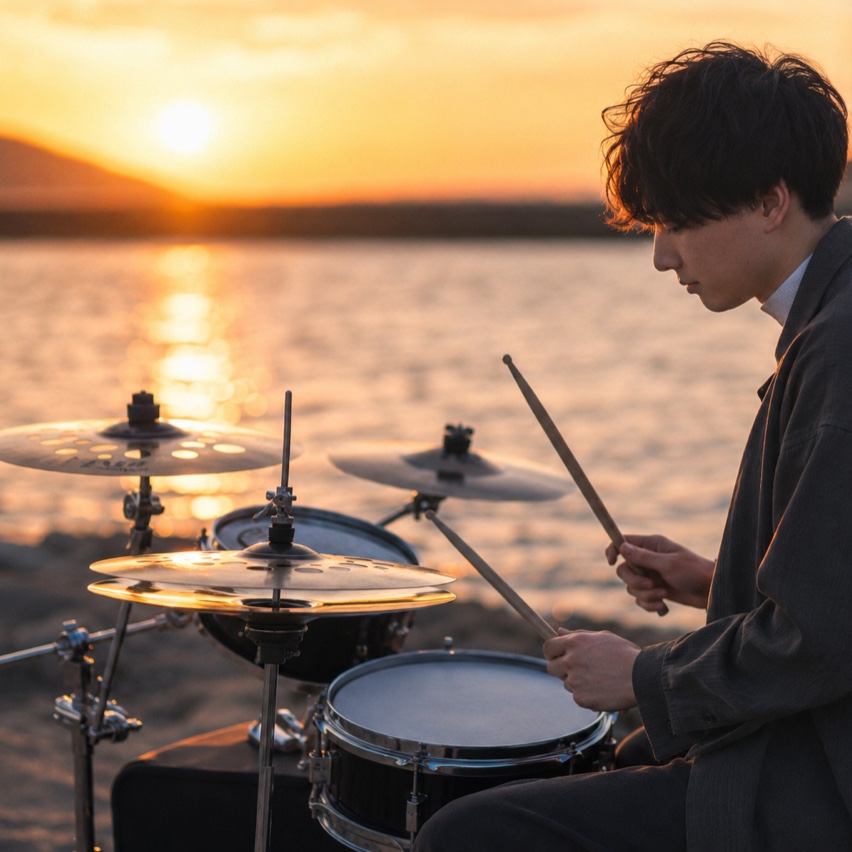 夕陽の前でドラムを構える三田ウッディ天佑